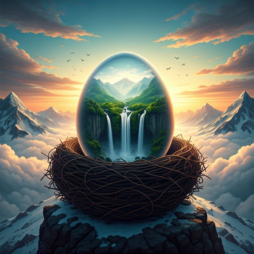 Mountainous Landscape Inside Transparent Egg