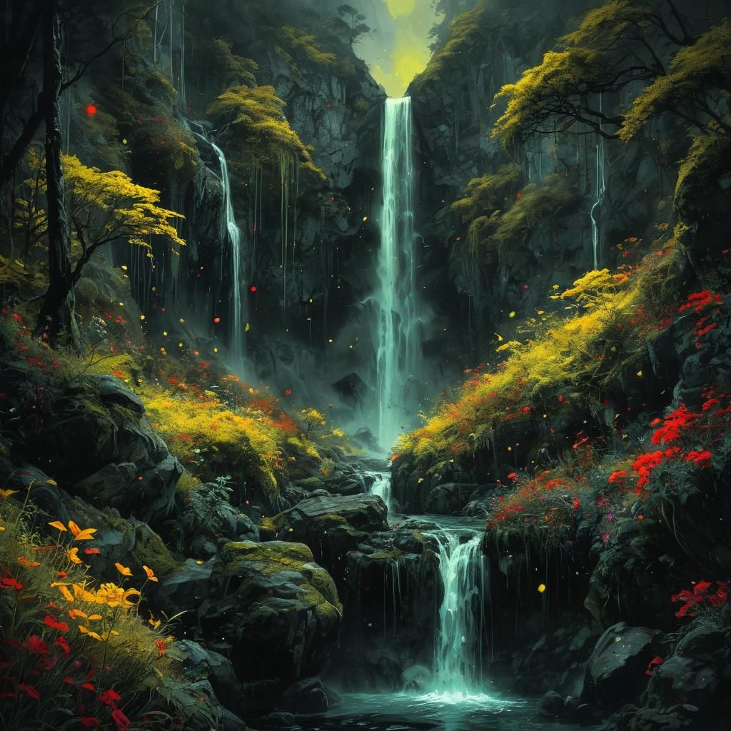 Yin Yang with beautiful rivers and valleys, waterfalls, flowers, mist | ink splatter art  | sparkling particles | waterc...