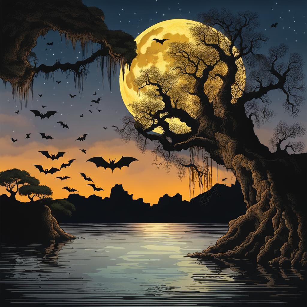 Bats Fly From Cave at Dusk Under Golden Moon