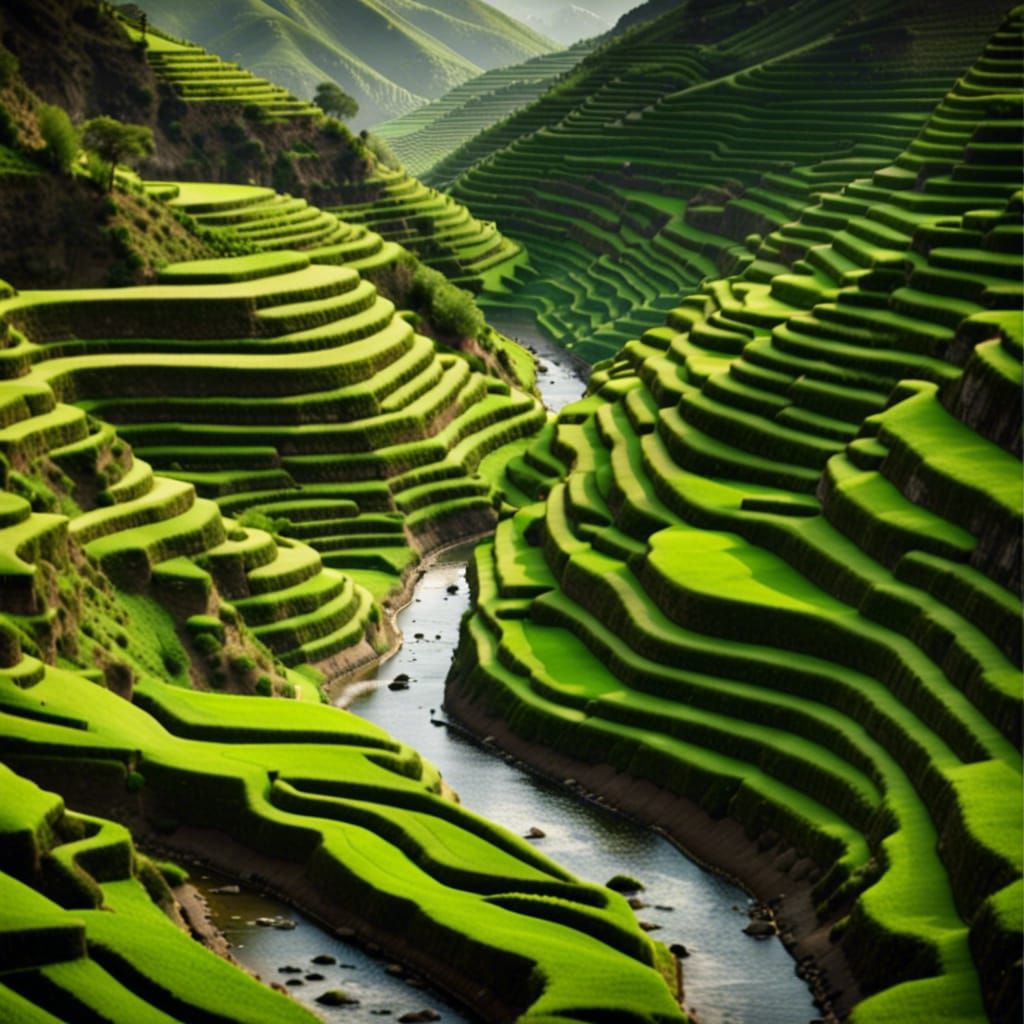Lush Green Terraced Fields Cascade Down Mountains
