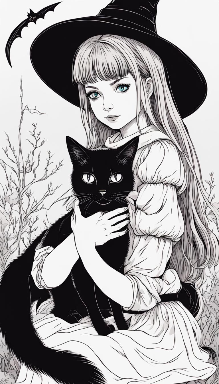Whimsical Witch Girl with Cat