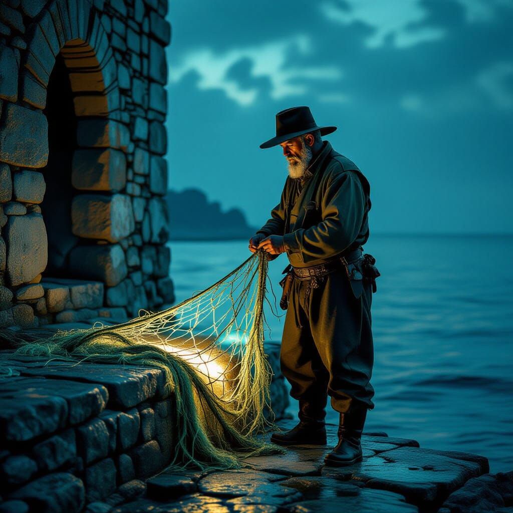 Surreal Fisherman on Ancient Pier with Bioluminescent Net