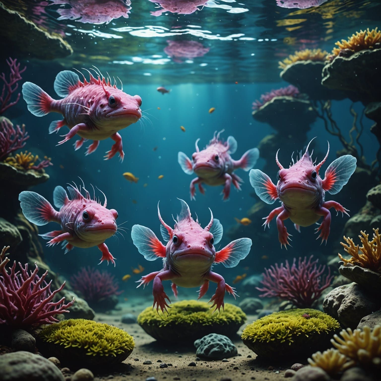Axolotls in a Vibrant Underwater Realm