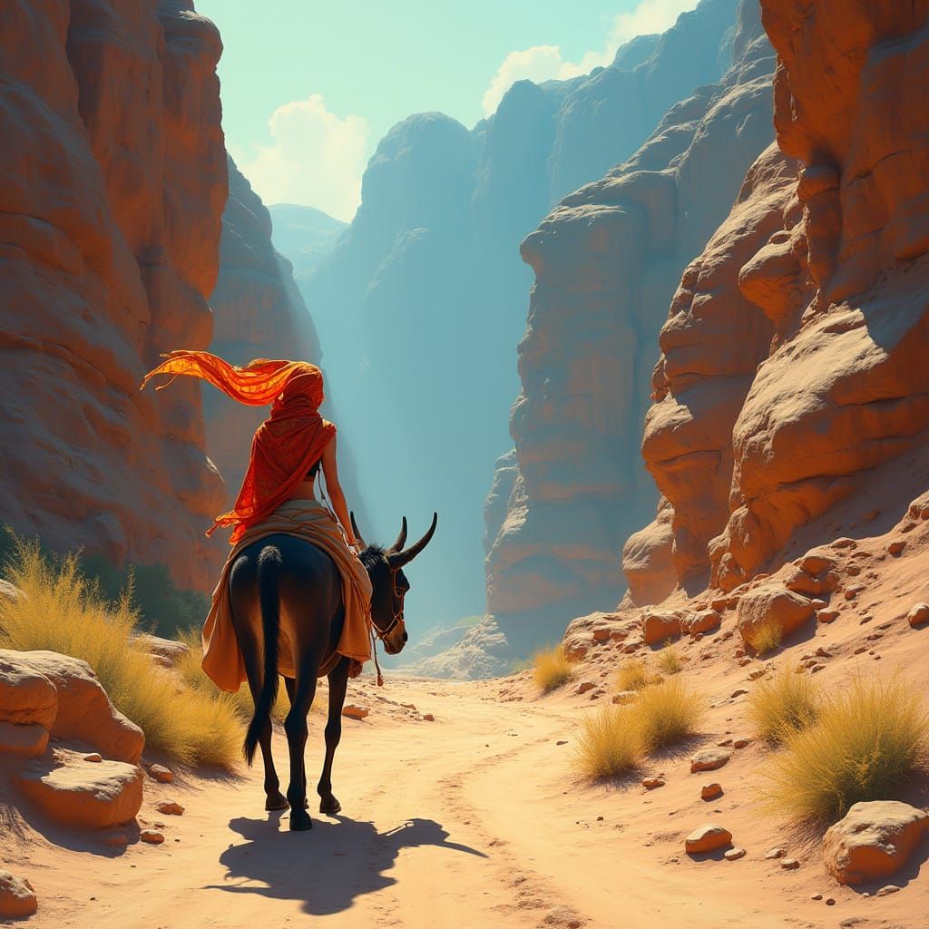 Lady on Donkey in Petra, Impressionistic Style