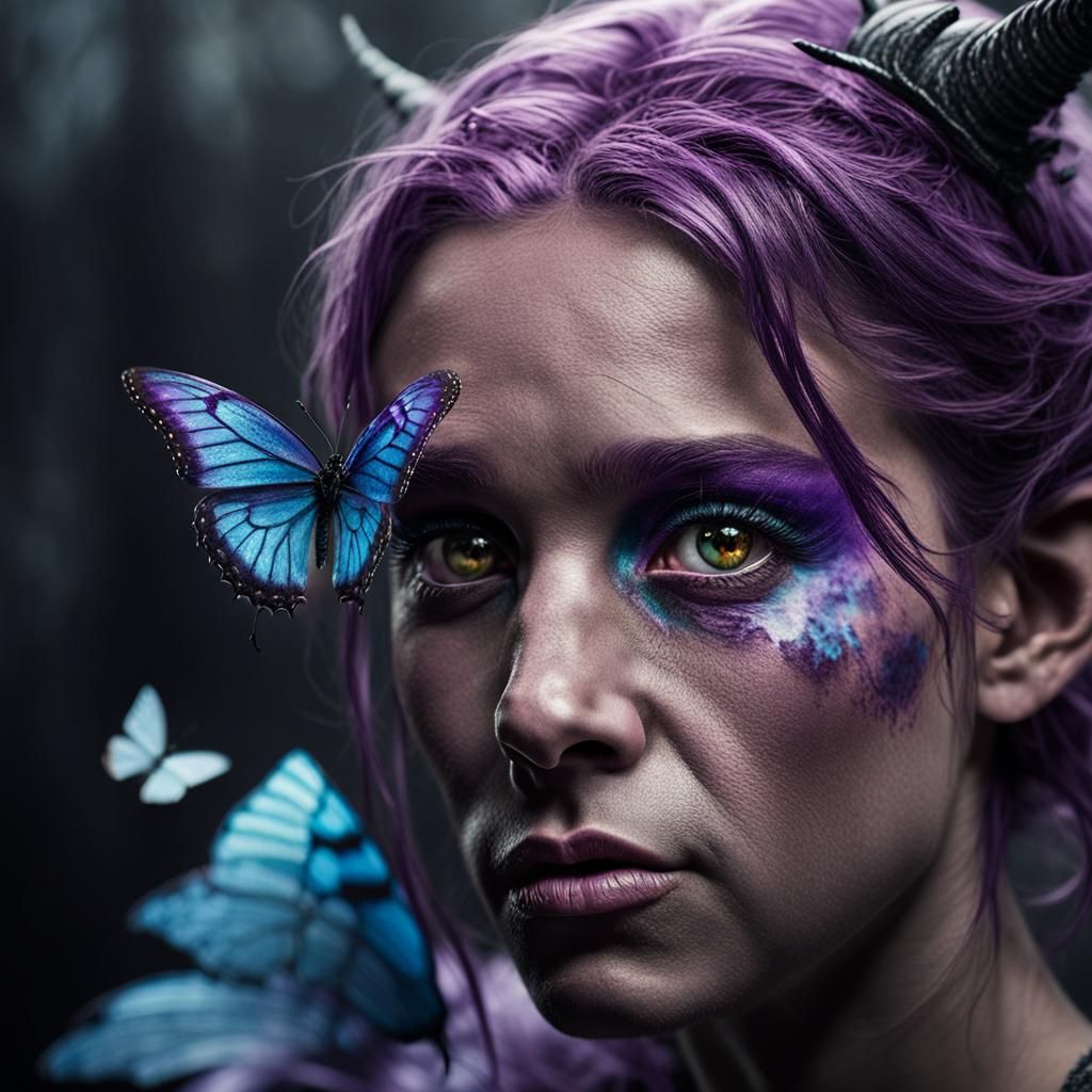 Fantasy Purple Unicorn Portrait with Butterfly Background