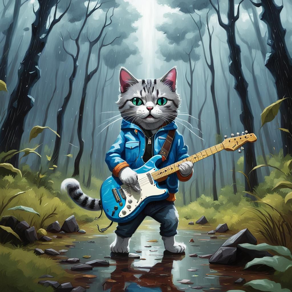 Cat Plays Guitar in Rainy Forest