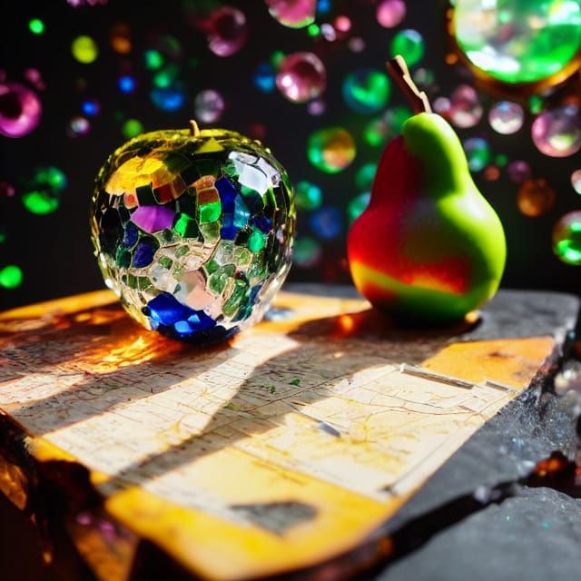 Glass Sculpture of Apple and Pear on Treasure Map