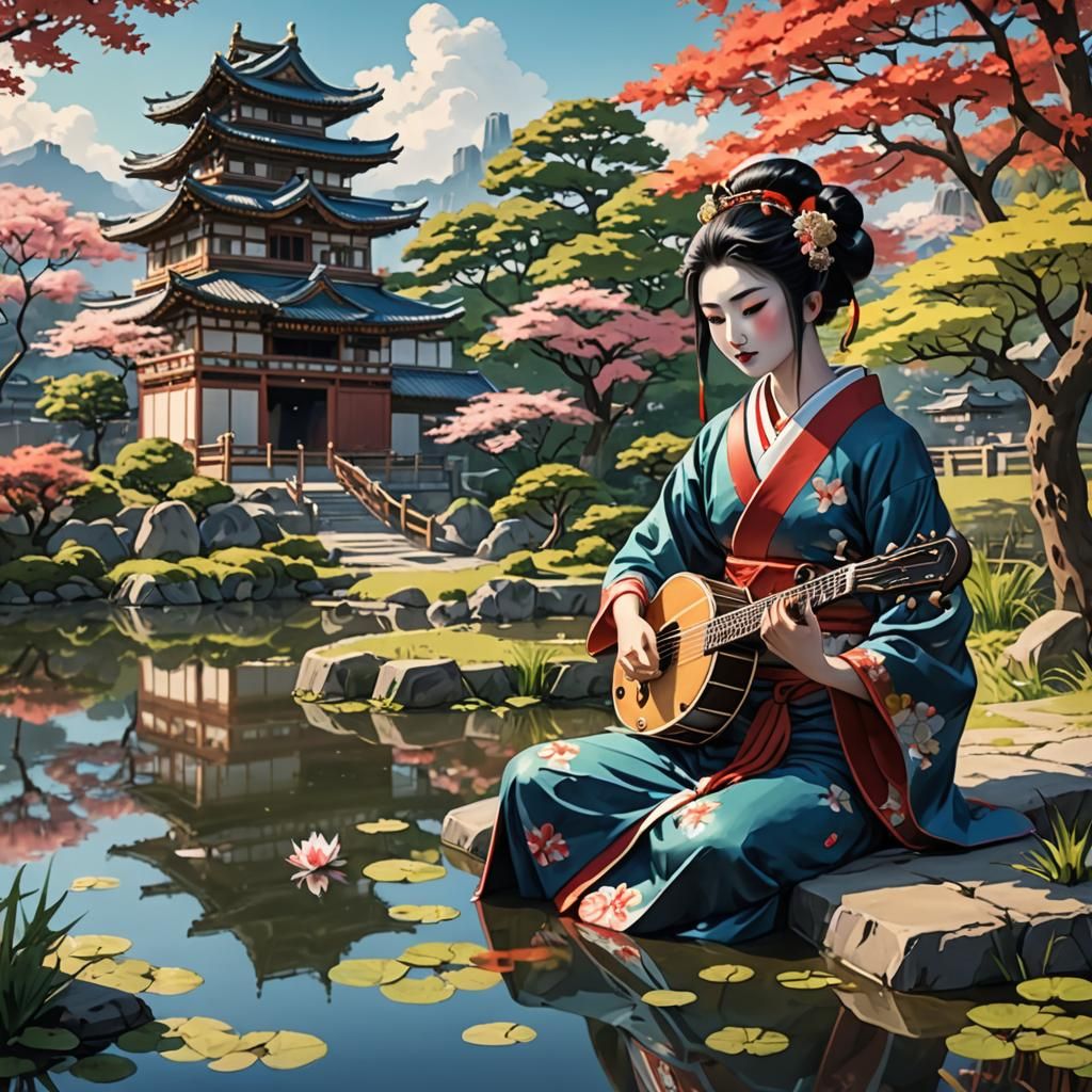 Geisha Plays Banjo by Pond in Manga Anime Style