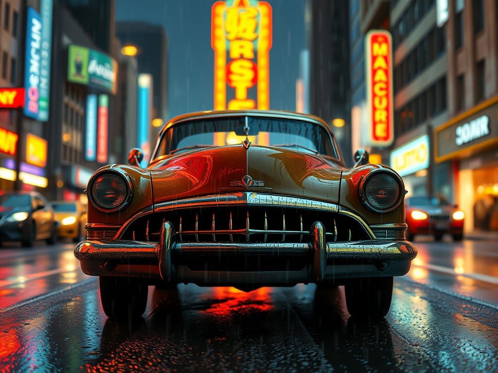 Mysterious Face of a Vintage Car in a Rainy Noir City
