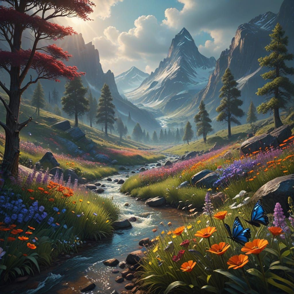 Wildflower Mountain Landscape with Vibrant Summer Afternoon