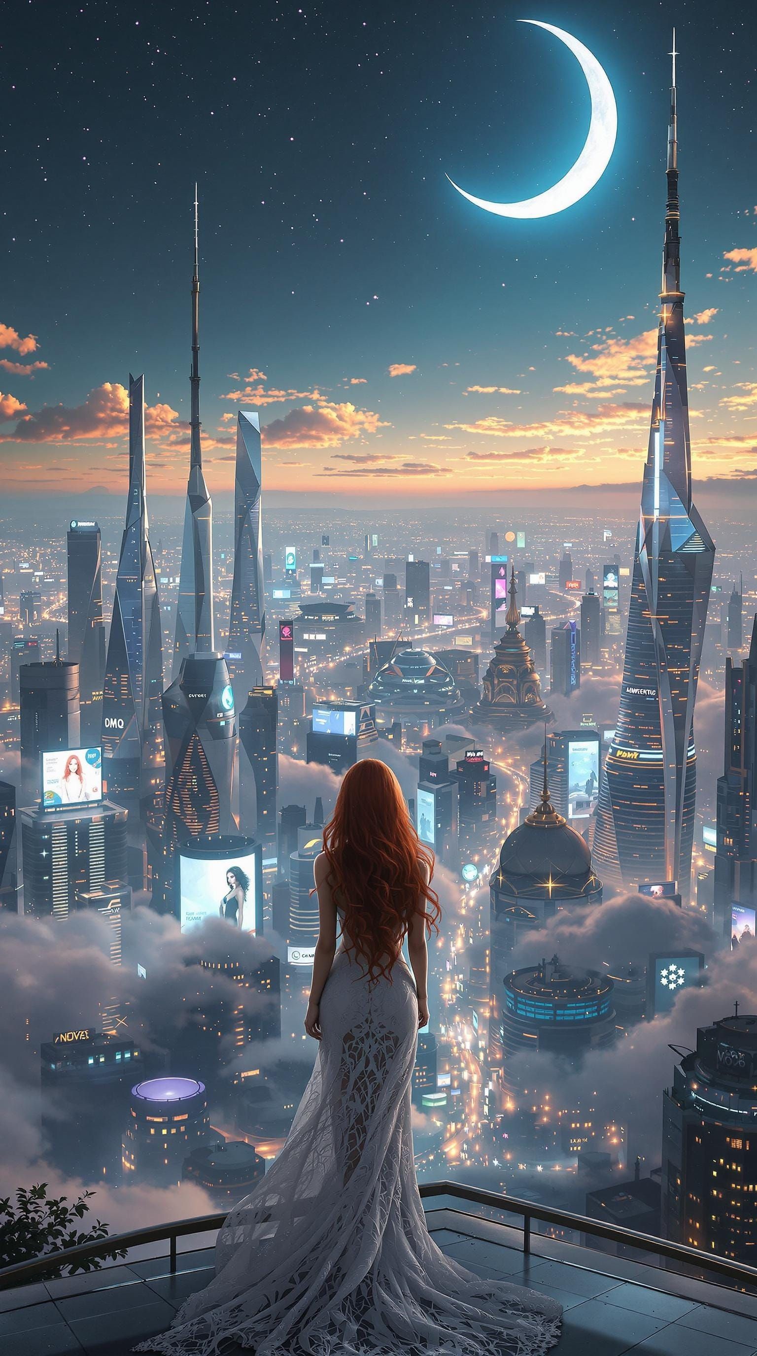 Futuristic Cityscape with Pre-Raphaelite Woman in Hyperreali...