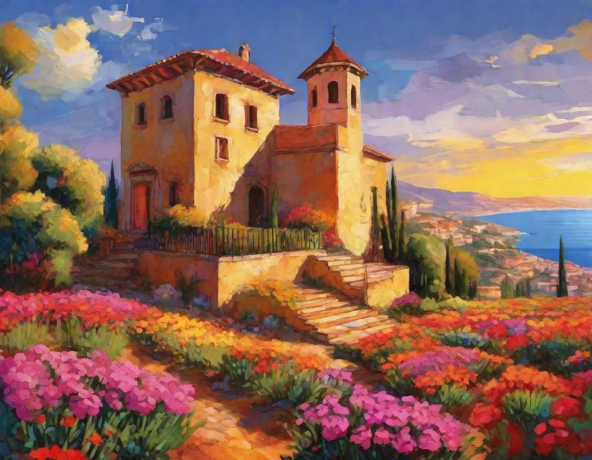 Ethereal Mediterranean Villa with Towering Spire amidst Vibr...