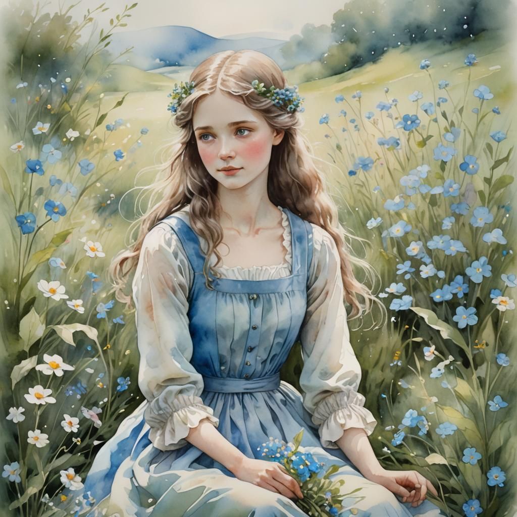Delicate Watercolor Maiden in a Lush Meadow