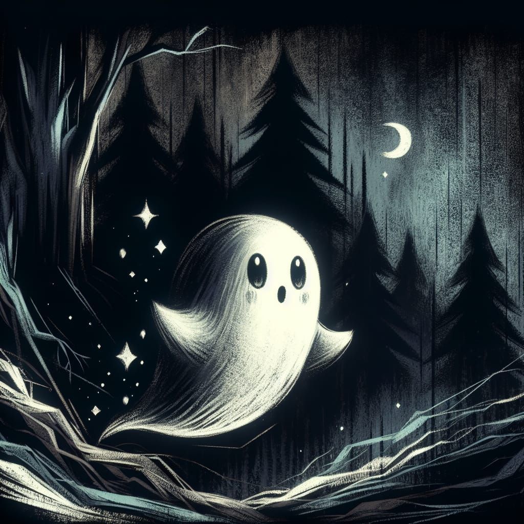 Cute Ghost in Forest: Charcoal Fantasy Concept Art