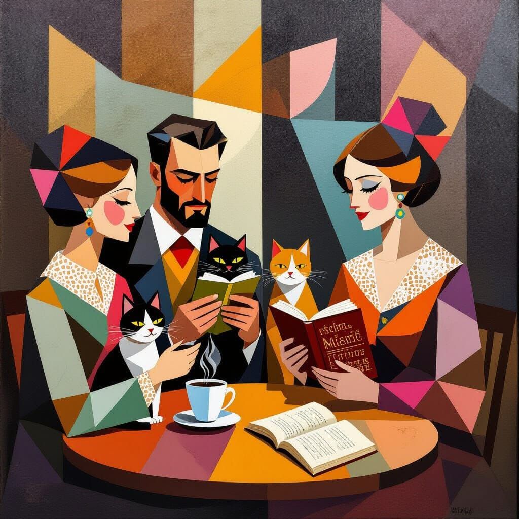1600s Scene: Cats, Coffee, and Ghost Stories in Cubist Style