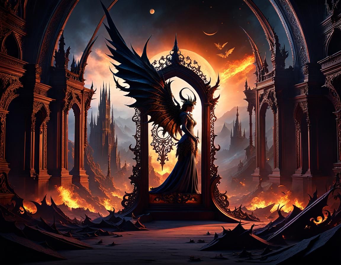 Demon in Hellscape Reflected in Gothic Mirror