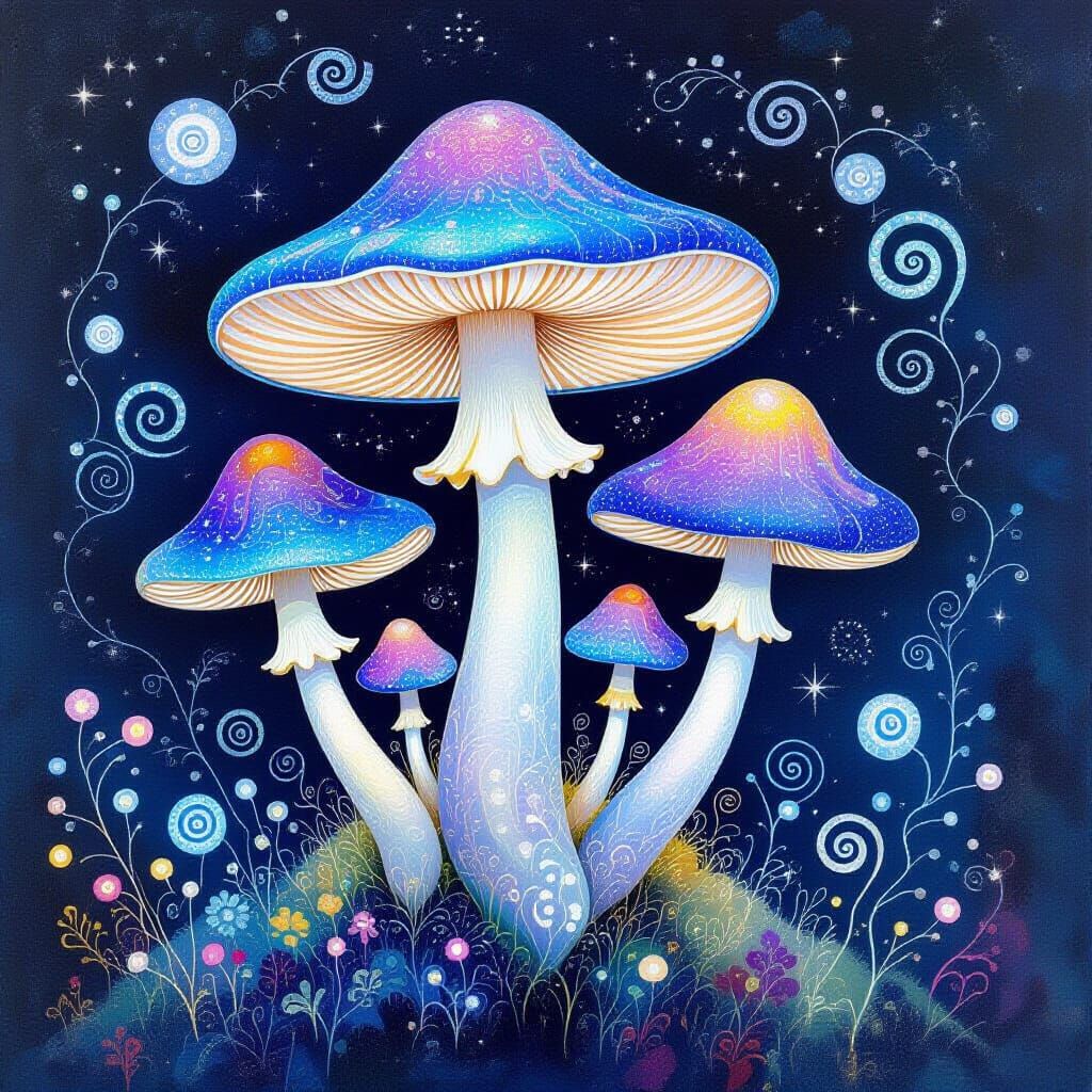 Iridescent Mushrooms in Abstract Dreamscape