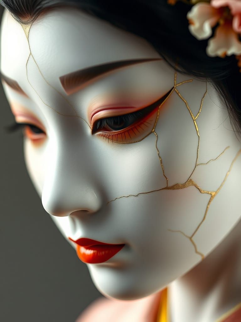 Golden Geisha Mask in Wabi-Sabi Style