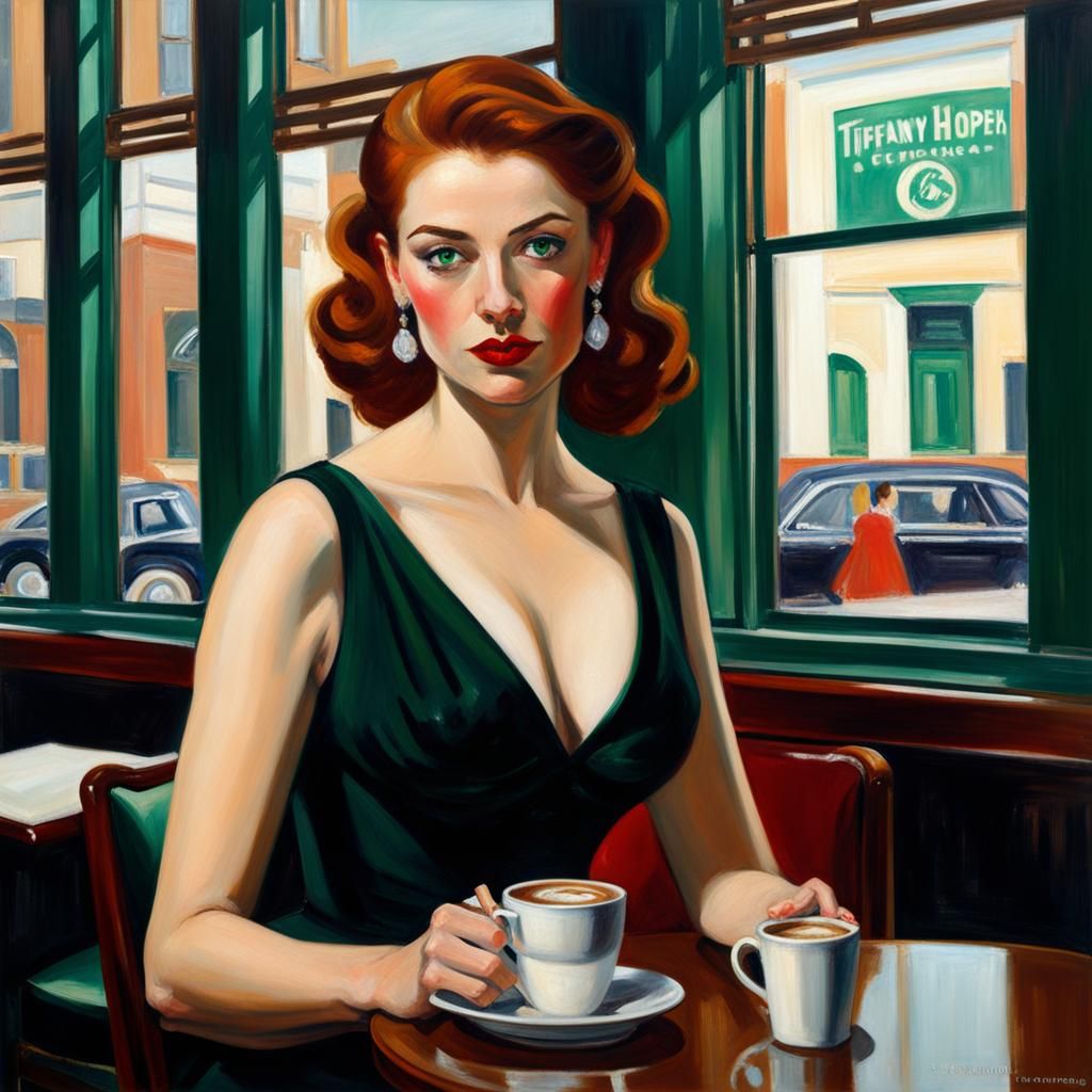 Woman in Cafe with Tiffany Lamps, in Classic Style