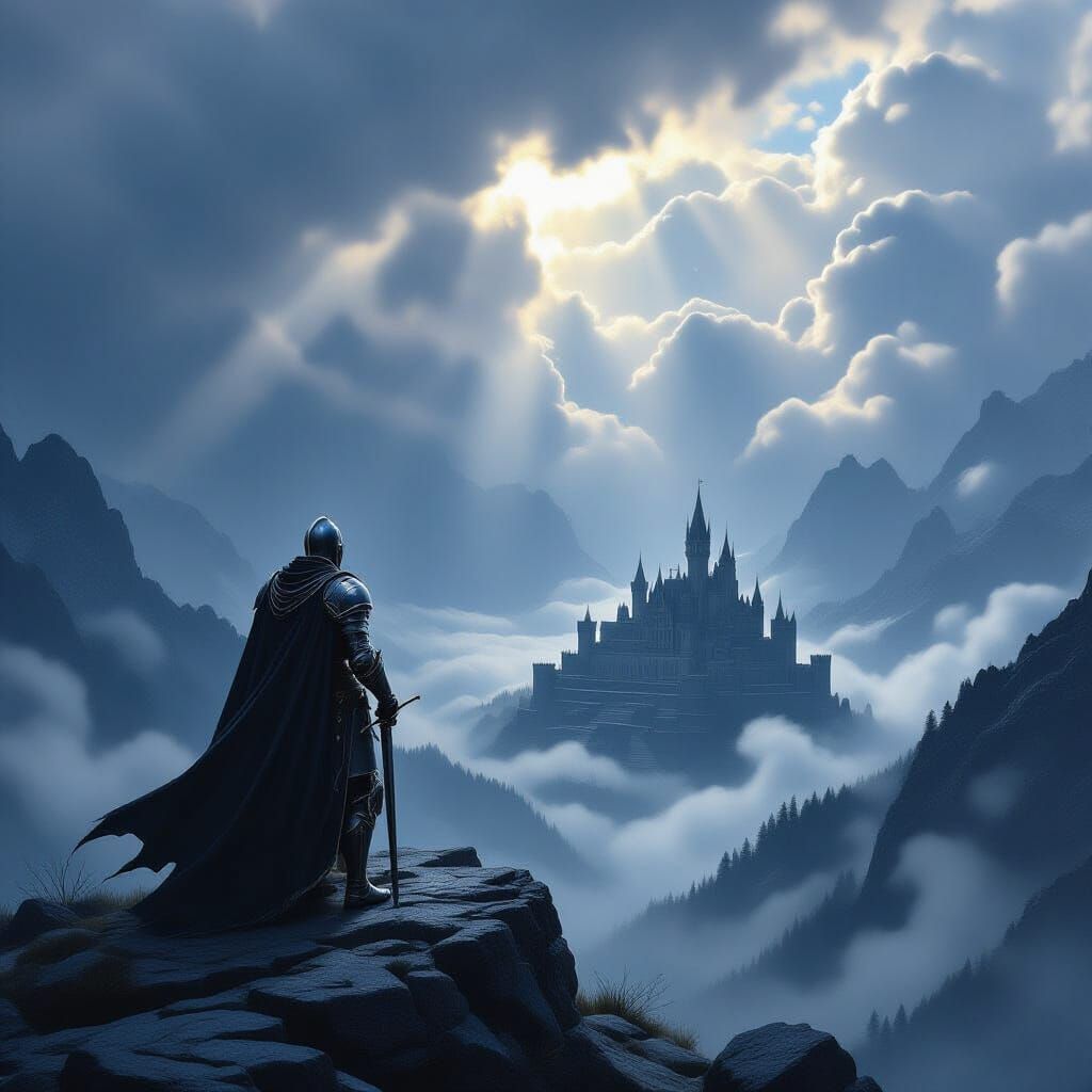 Epic Fantasy Knight Overlooks Ancient Castle in Dramatic Lan...