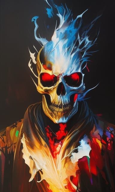 Flaming Skull Ghost Rider in Colorful Ink Splash Art