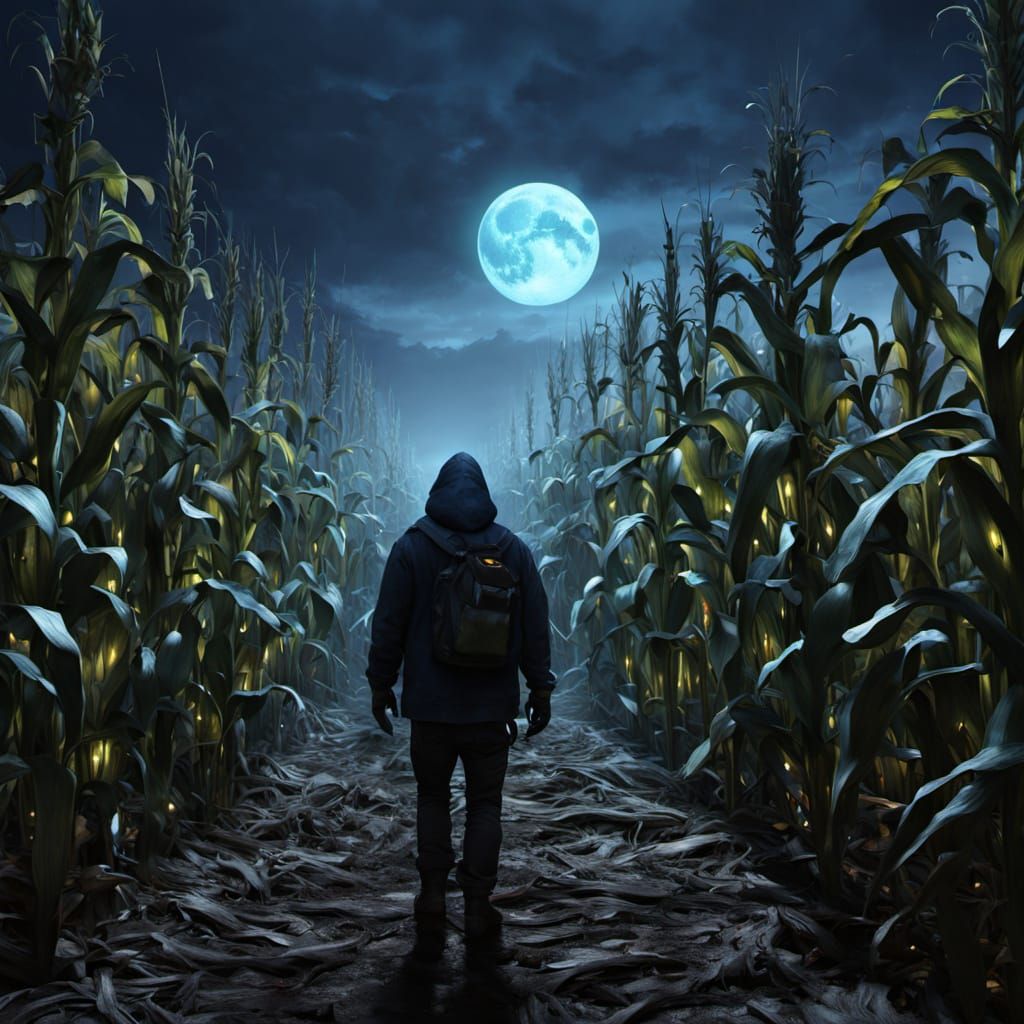 Haunting Corn Maze Under Harvest Moon With Spectral Farmers