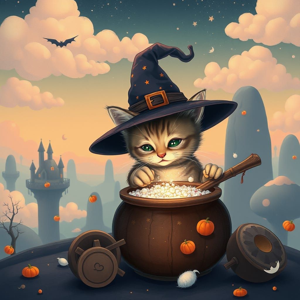 Whimsical Kitten Wizard Stirring Dream Cauldron