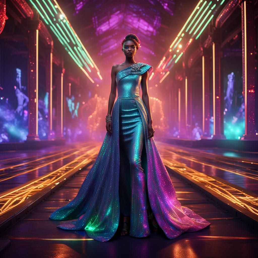 Iridescent Dress in Neon Runway Show: Digital Art