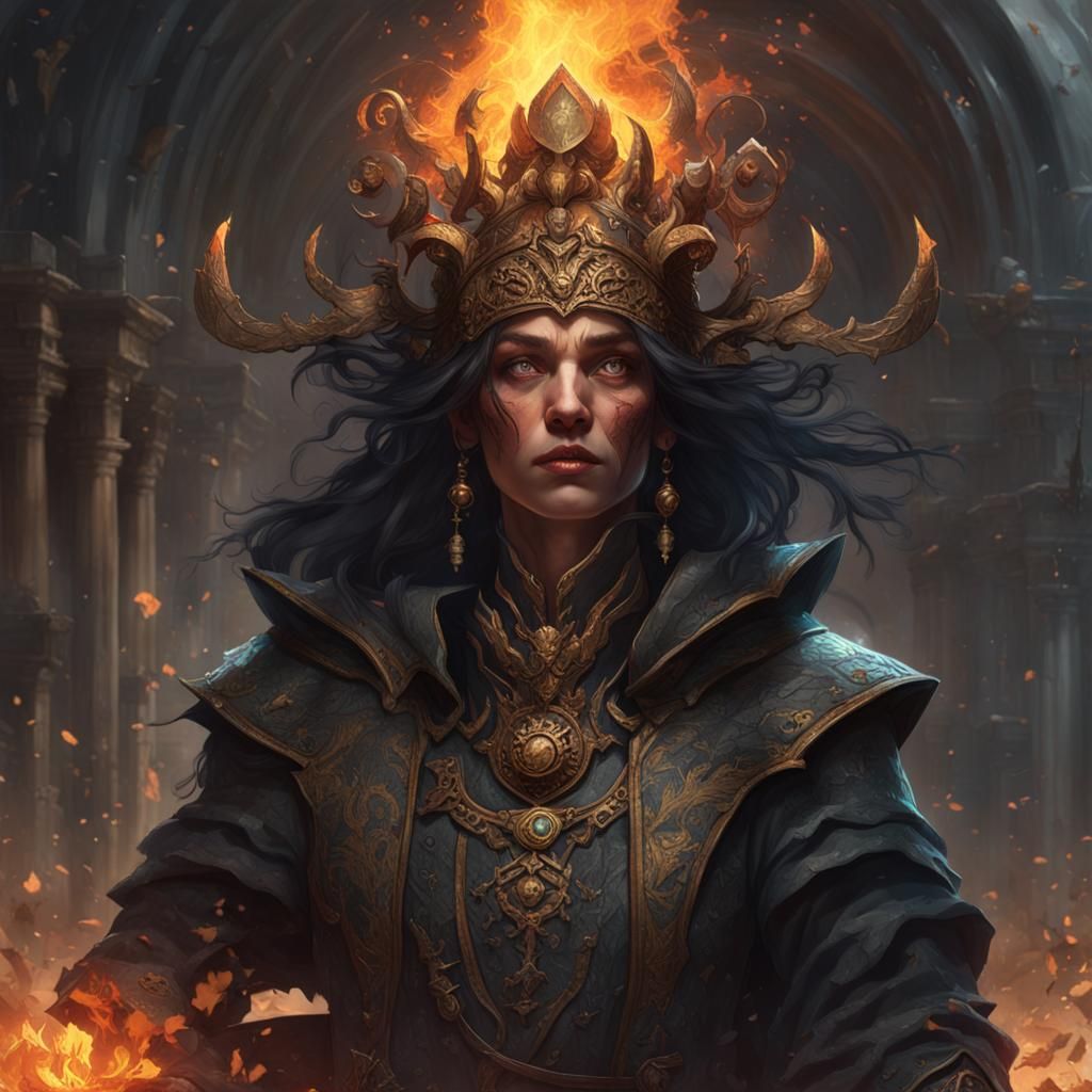 Old Witch Casting Fire Spell in Macabre Ruins