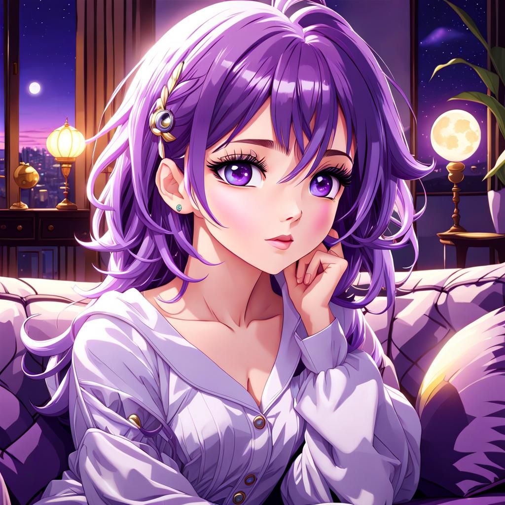 Anime Woman with Purple Hair and Amethyst Eyes