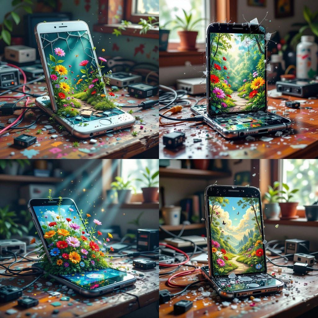Vibrant Garden Blooms from Cracked Smartphone Screen