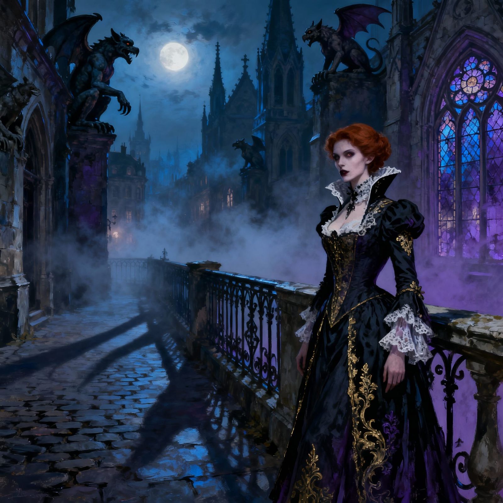 Vampire on Balcony Overlooking Foggy Victorian City in Paint...