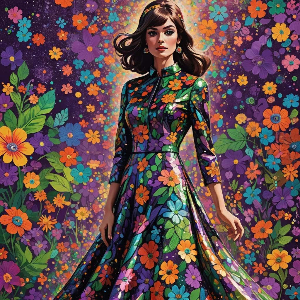 Psychedelic 60s Flower Power Dress, Art Nouveau Style
