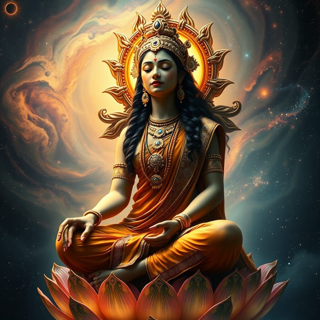 Radiant Indian Goddess in a Swirling Galaxy