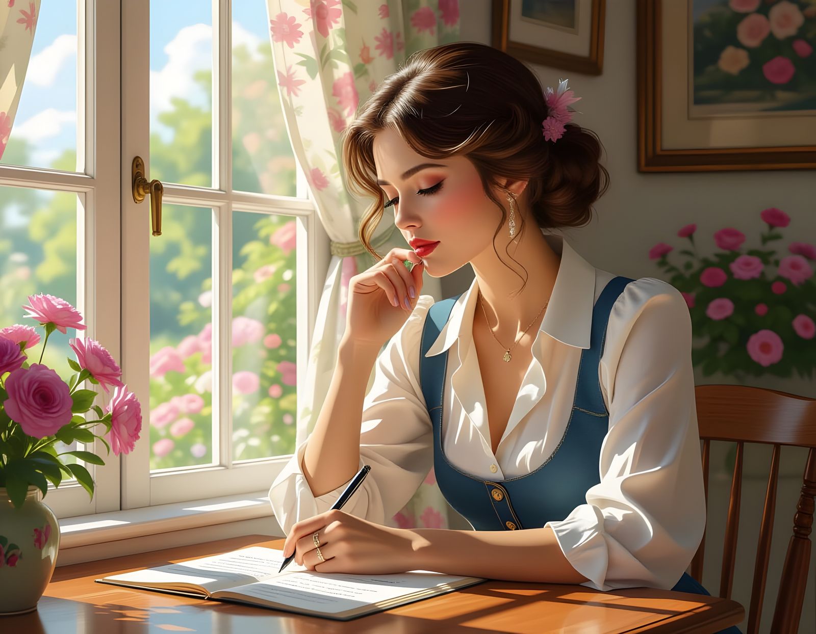 Modern Woman Writing Poetry in Summer, Hyperrealistic Splash...