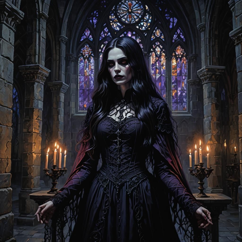 Gothic Vampire Woman in Dimly Lit Church