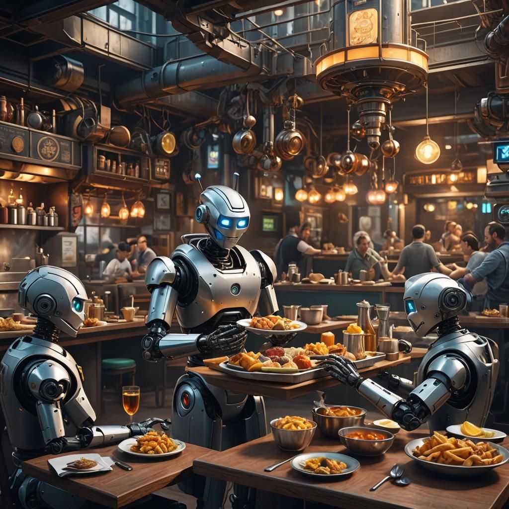 Robot Waiter Serving Food in Restaurant