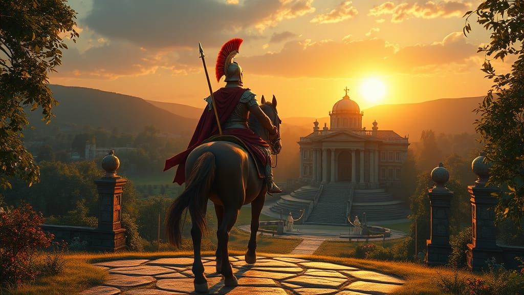 Roman Soldier Arrives at Grand Villa in Sunset Glory