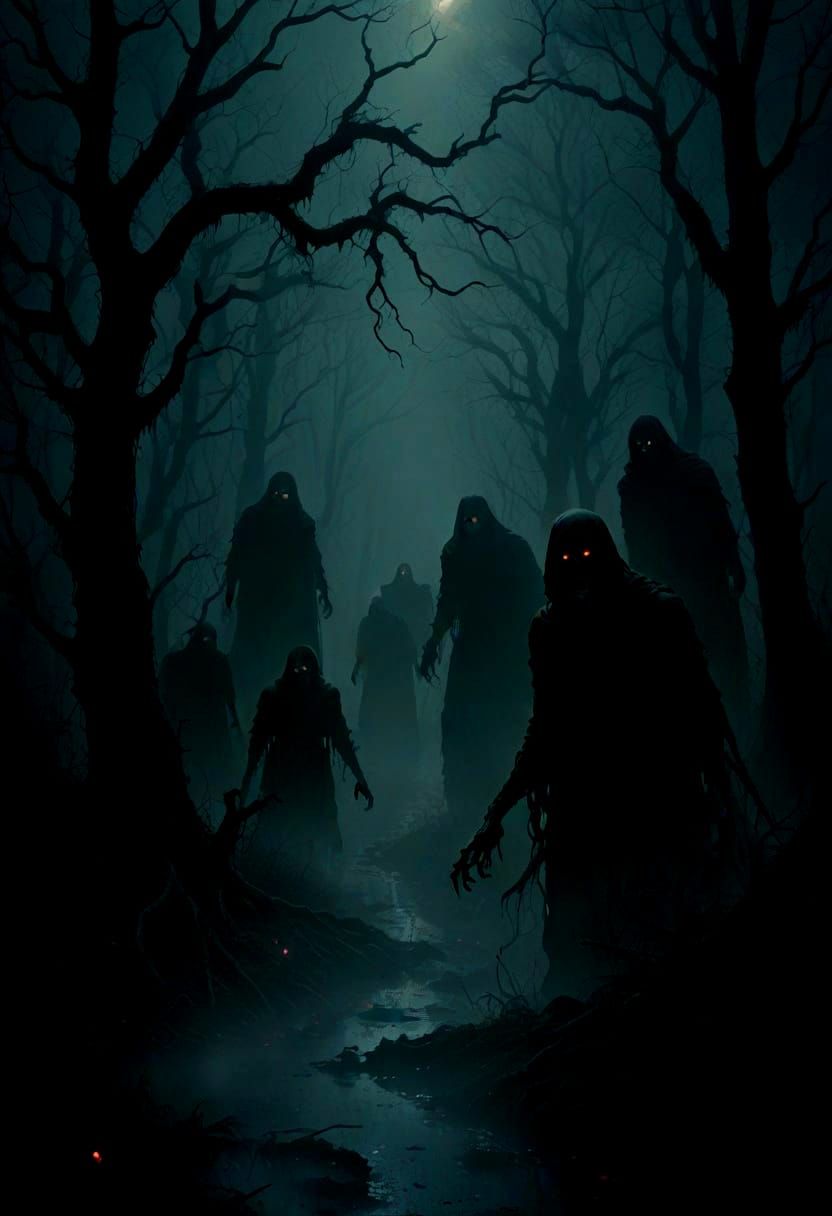 Mist-Soaked Forest: Spectral Figures in a Blood-Red Haze