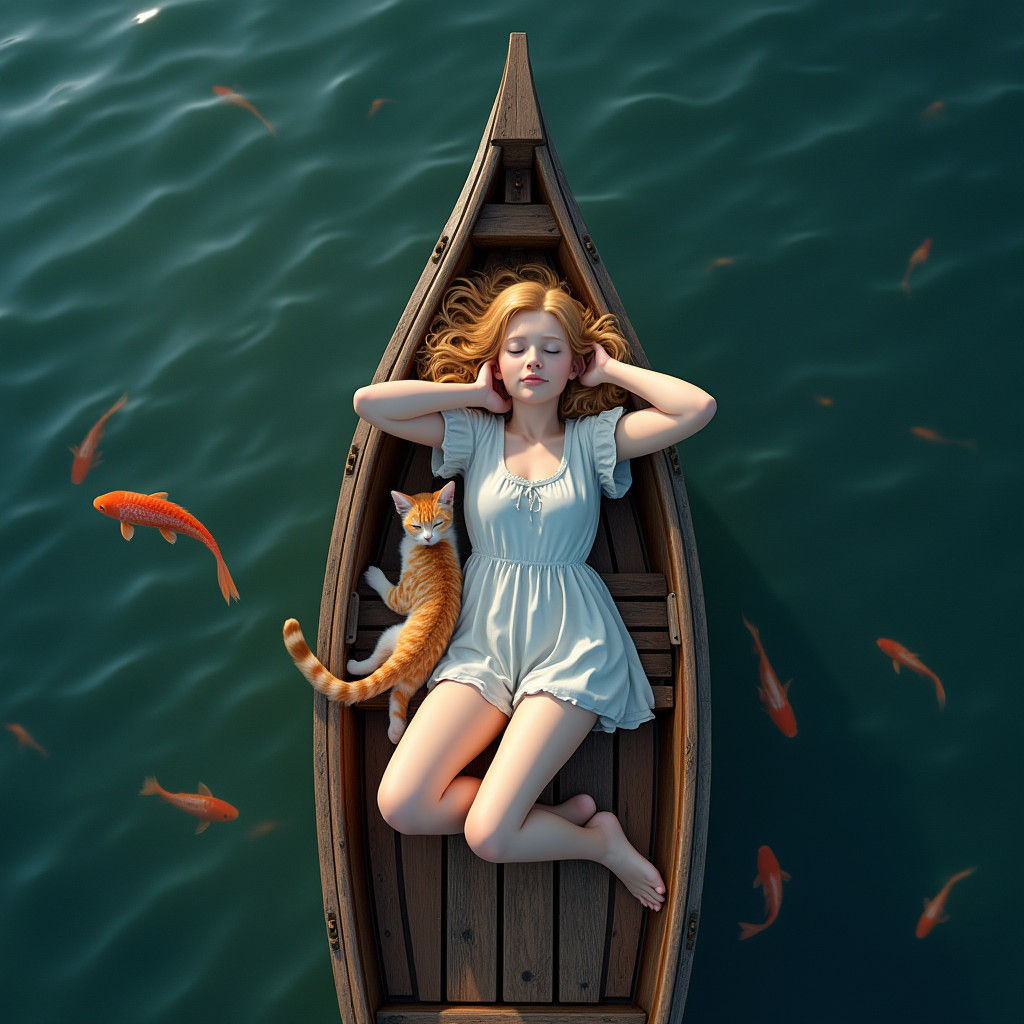 Hyper Realistic Scene of a Young Woman and Her Cat on a Wood...