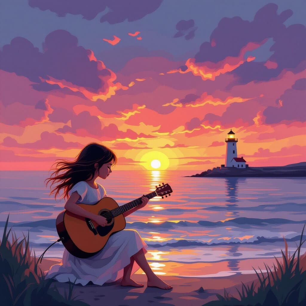 Girl Plays Guitar by Ocean Sunset in Cubist Style