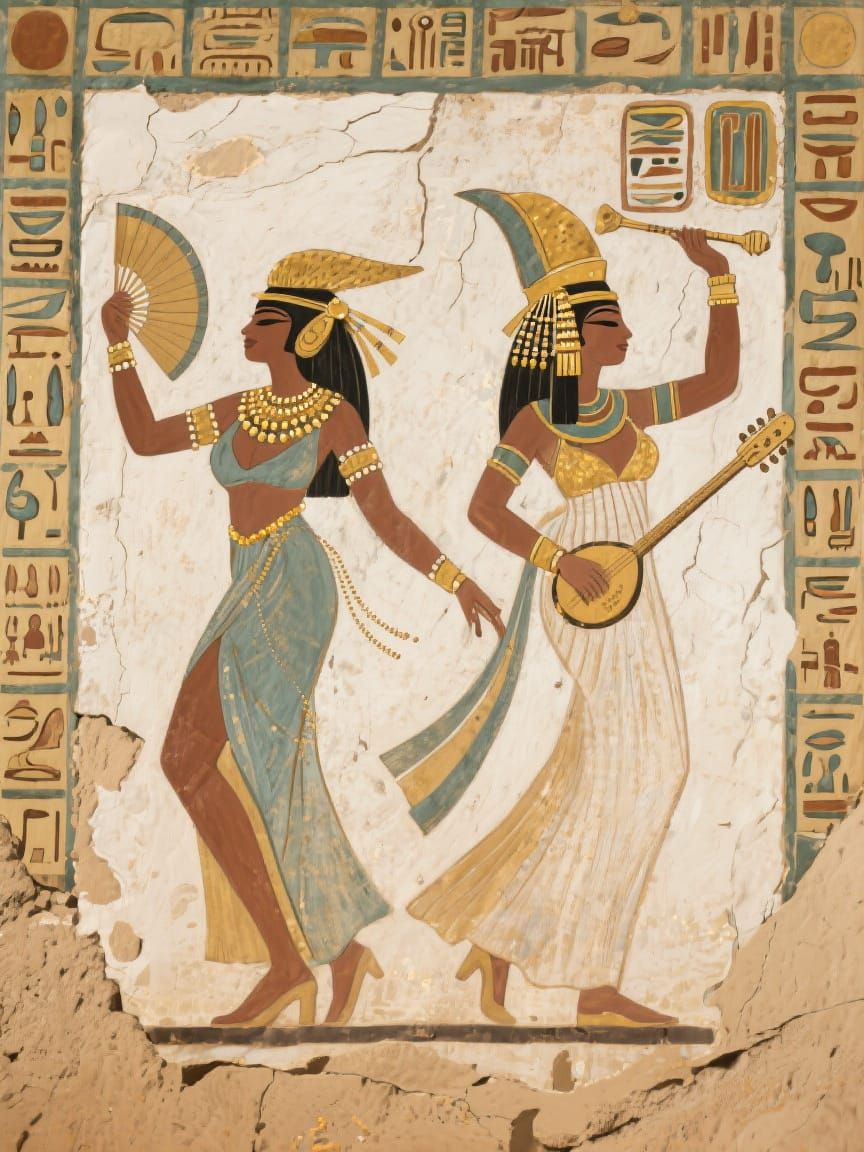 Elegant Showgirls in Ancient Egyptian Mural Style