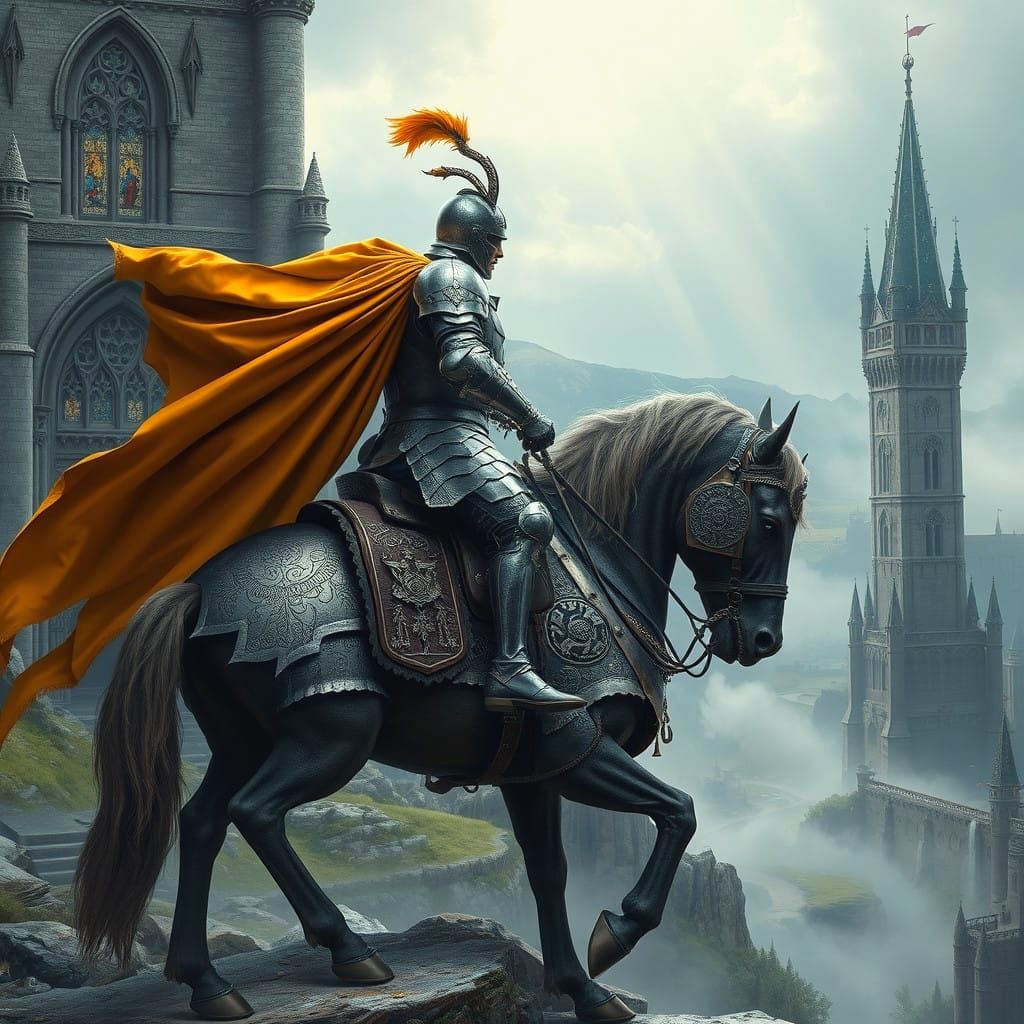 Fantastical Knight Rides into a Majestic Castle in a Vibrant...