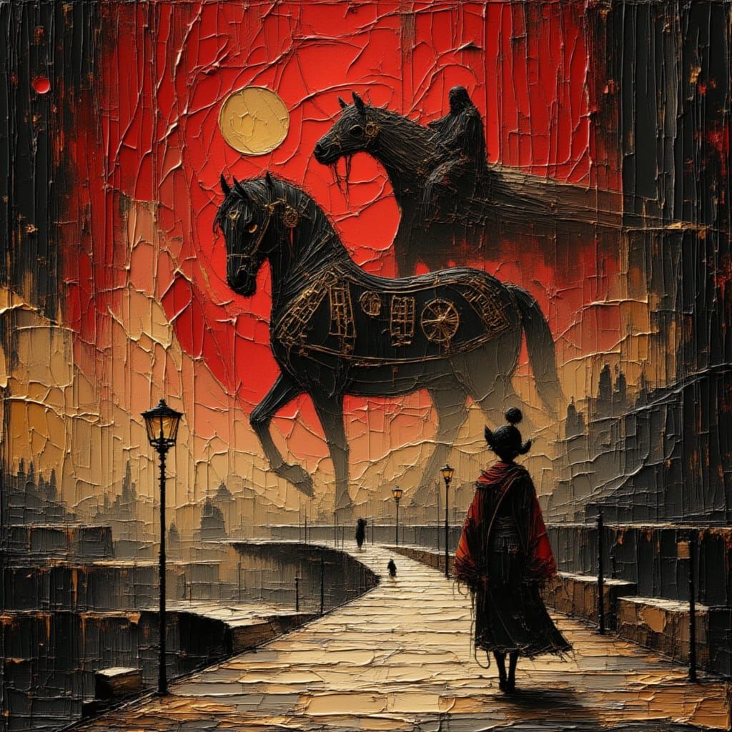 The colossal Trojan Horse towers ominously,