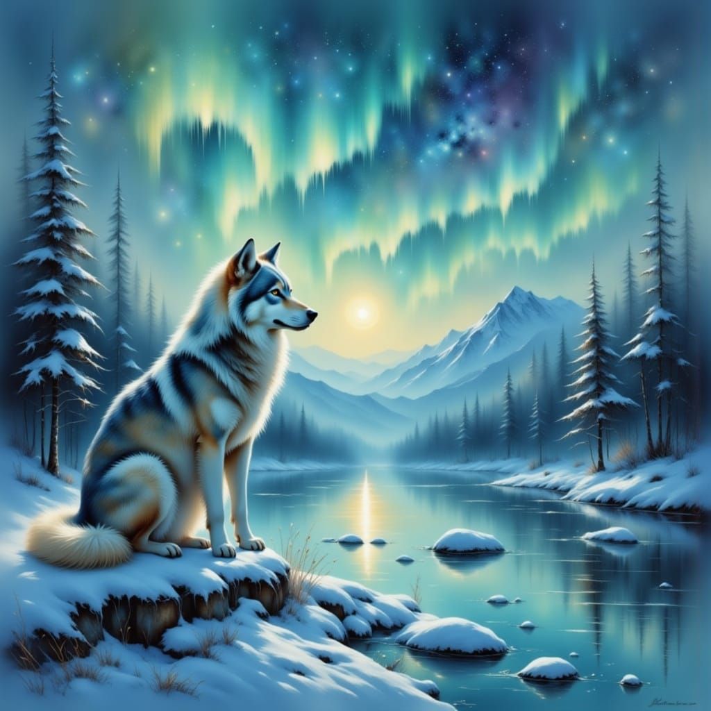 Majestic Snow Wolf Under Aurora Borealis