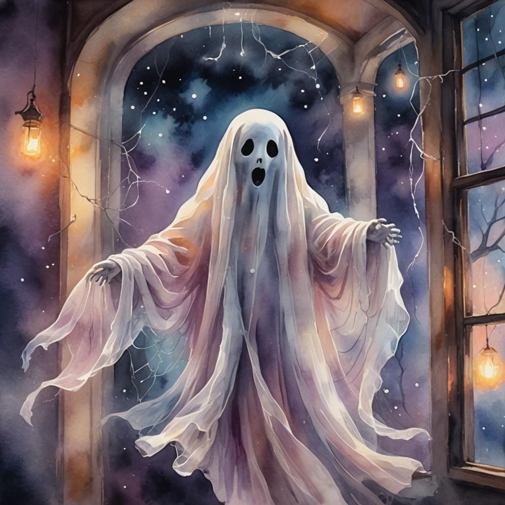 Cute Spooky Ghost in Watercolor Style