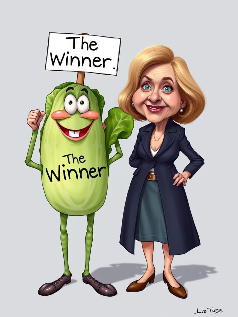 Caricature of Liz Truss and a Happy Lettuce in a Humorous Vi...