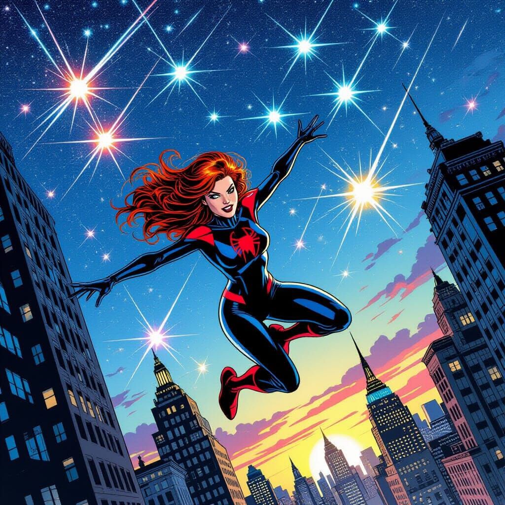 Mary Jane Watson Leaping Through Meteor Shower in Comic Styl...