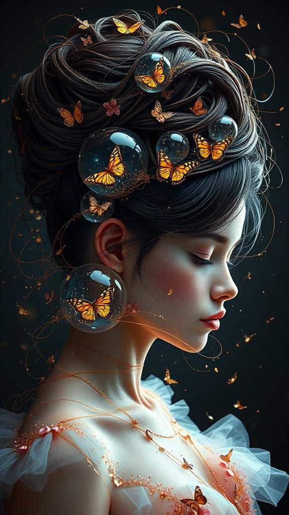 Avant-Garde Bun with Golden Thread and Butterflies