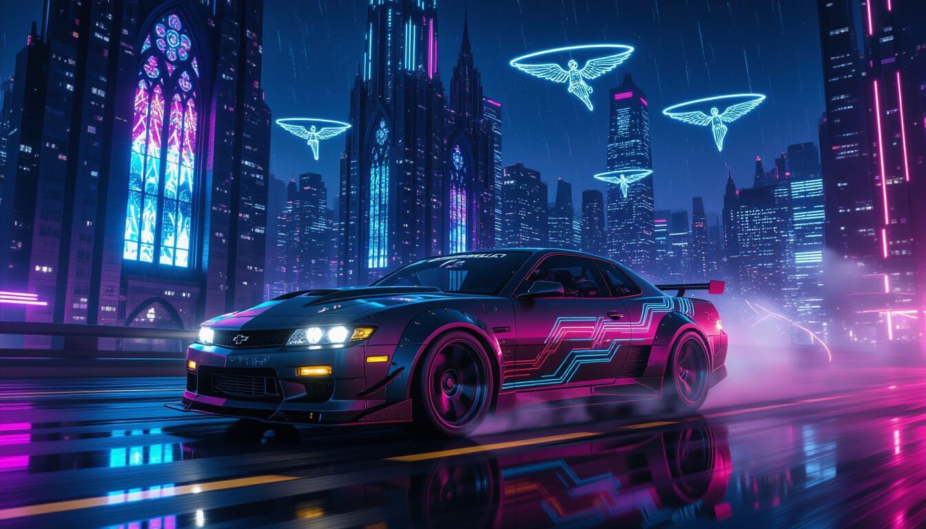 Cyberpunk Opala Drifts Through Neon Megacity